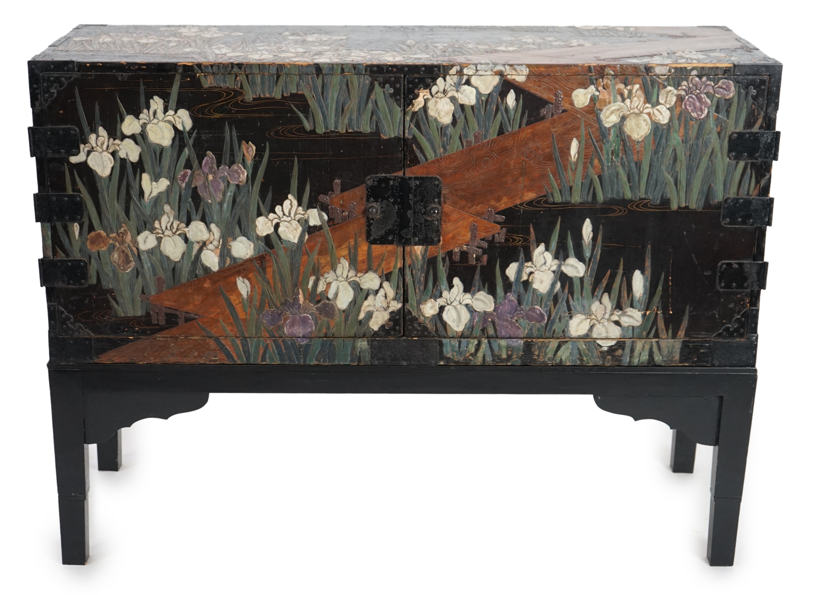 A Japanese ‘iris’ decorated travelling chest, Edo period, late 18th/early 19th century